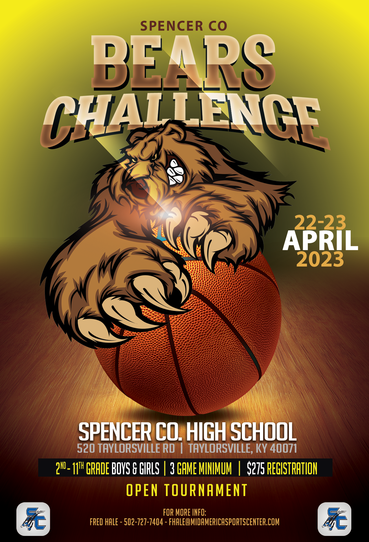 <strong><span style="font-size: 12pt; background-color: #ffffff;"><span style="color: #ff6600;">Spencer Co. Bears Challenge<br />April 22-23, 2023<br /><a href="http://www.midwestbballtournaments.com/ViewEvent.aspx?EID=1027">Click Here for Details</a></span></span></strong>
